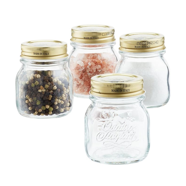 Labelled Square Spice Jars With Shaker Inside Tops and Gold Lids