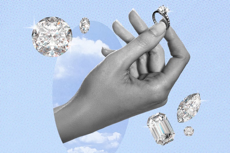 A cutout of a hand holds a diamond ring, and cutouts of different diamond rings surround it