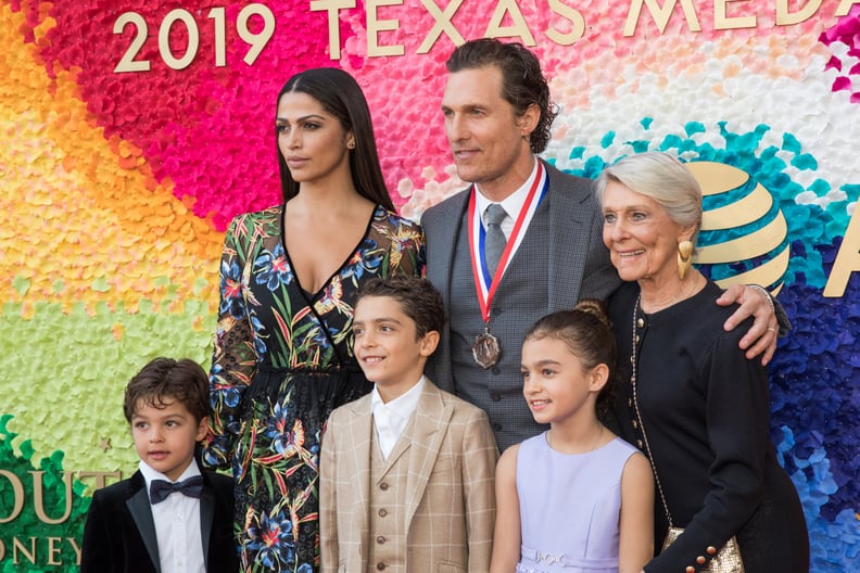 AUSTIN, TEXAS - FEBRUARY 27: (L-R) Livingston Alves McConaughey, Camila Alves, Levi Alves McConaughey, honoree Matthew McConaughey, Vida Alves McConaughey, and Kay McConaughey attend the 2019 Texas Medal Of Arts Awards at the Long Center for the Performin