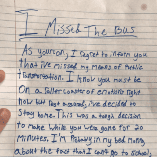 Boy Wrote Mom a Note After Missing the Bus
