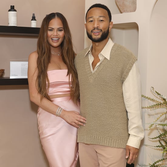 Chrissy Teigen Wears a Strapless Pink Silk Set For Night Out