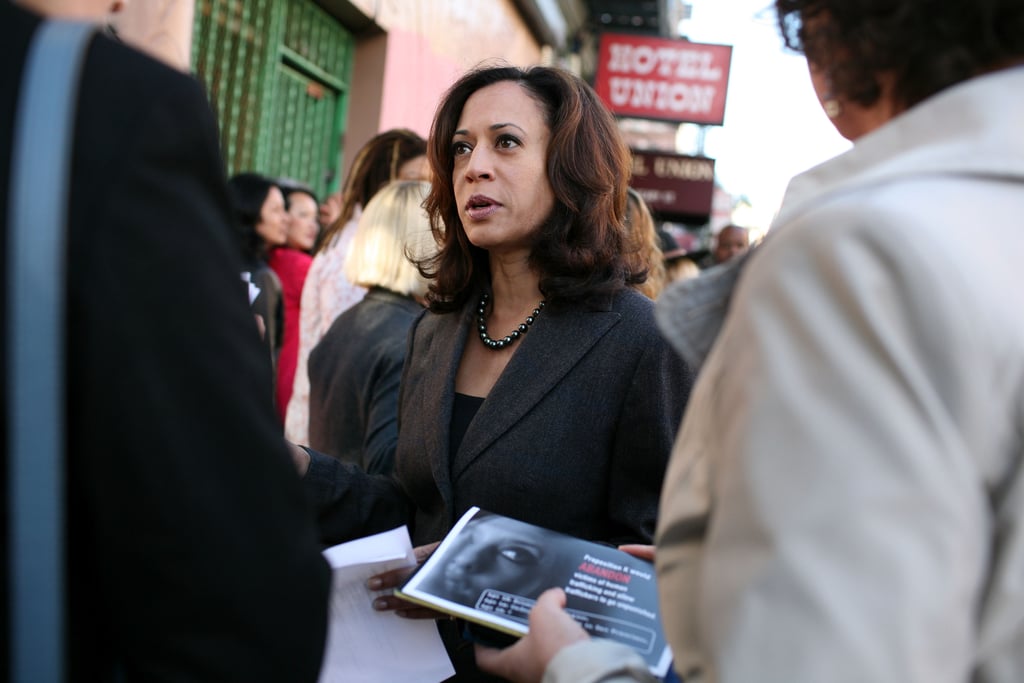 In October 2008, Kamala accessorised a charcoal suit with shimmering black pearls for a press conference in California, where she's from.