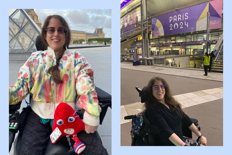 Two pictures of writer Erin Tatum are shown side-by-side. In the first, Erin holds a Paralympics mascot in her lap as she sits in her wheelchair. In the second, she poses in her wheelchair in front of a Paris 2024 sign.