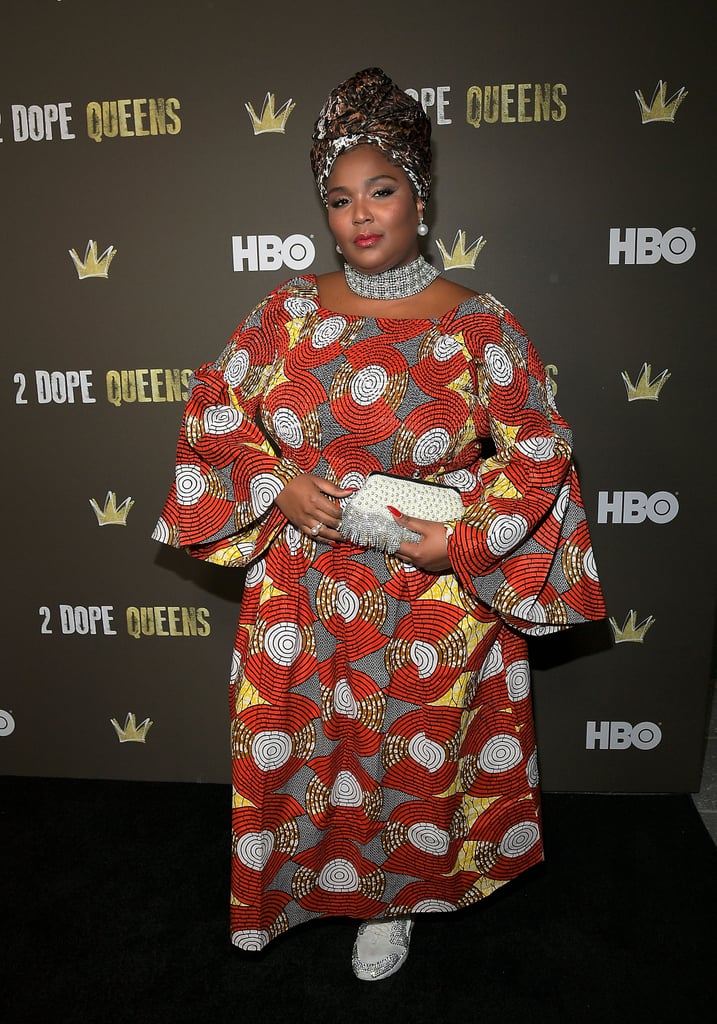 Lizzo let her love for patterns and colour shine through at the HBO 2 Dope Queens LA Slumber Party Premiere in this square-neck dress, which she paired with silver sparkles on her sneakers and her cute clutch.