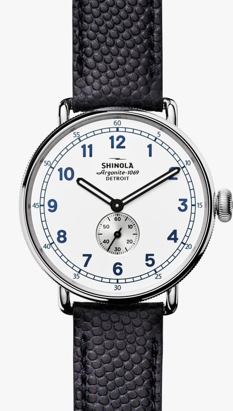 A subtle touch of texture goes a long way on the Shinola Canfield Cannonball Watch ($1,000) which comes with a pebbled leather strap.