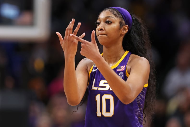 DALLAS, TEXAS - APRIL 02: Angel Reese #10 of the LSU Lady Tigers reacts during the fourth quarter against the Iowa Hawkeyes during the 2023 NCAA Women's Basketball Tournament championship game at American Airlines Center on April 02, 2023 in Dallas, Texas