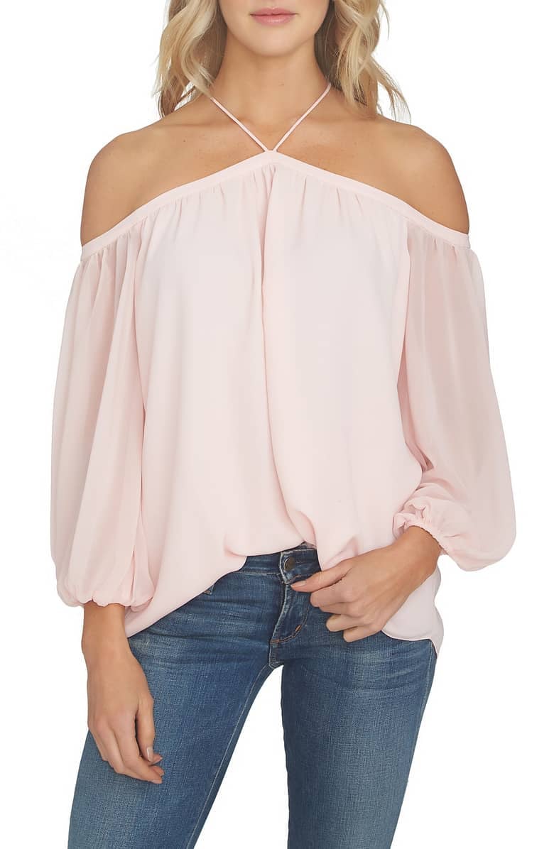 1.State Off-the-Shoulder Sheer Chiffon Blouse