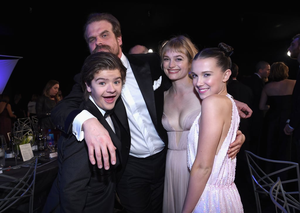 Pictured: Gaten Matarazzo, David Harbour, Alison Sudol, and Millie Bobby Brown