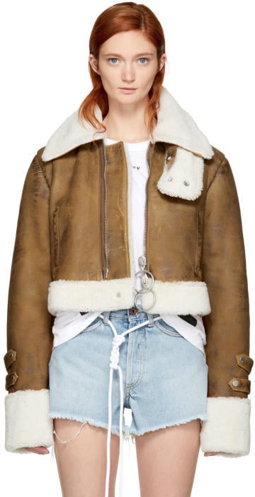 Off-White Brown Cropped Shearling Jacket