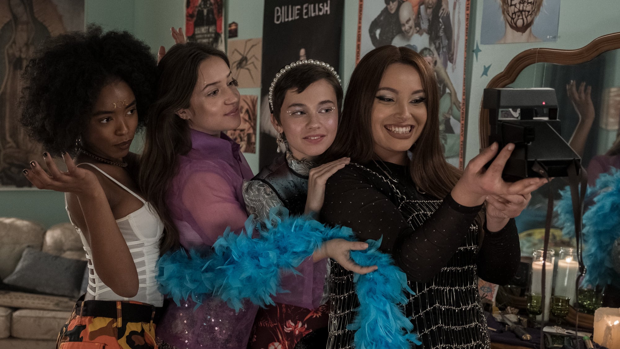 (l-r) Tabby (Lovie Simone)  Frankie (Gideon Adlon)  Lily (Cailee Spaeny) and Lourdes (Zoey Luna) take a selfie before leaving for the party in Columbia Pictures' THE CRAFT: LEGACY.