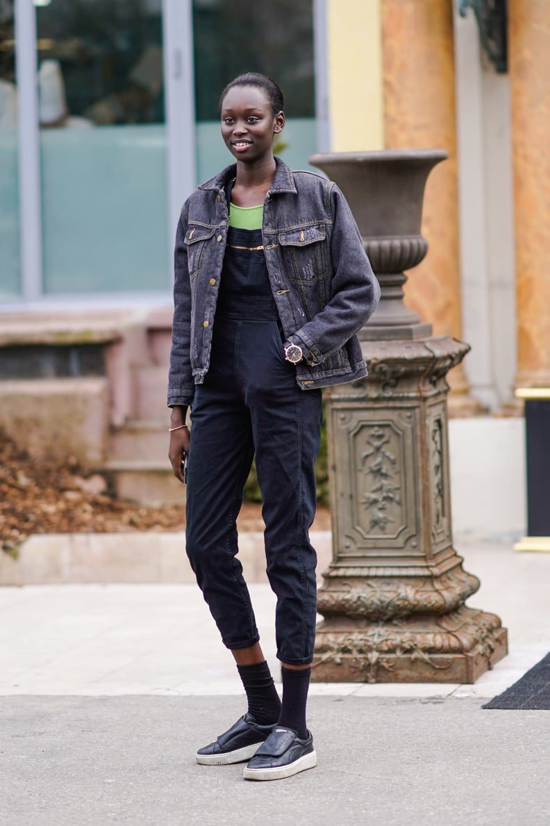 Style a Pair of Denim Overalls With a Denim Jacket