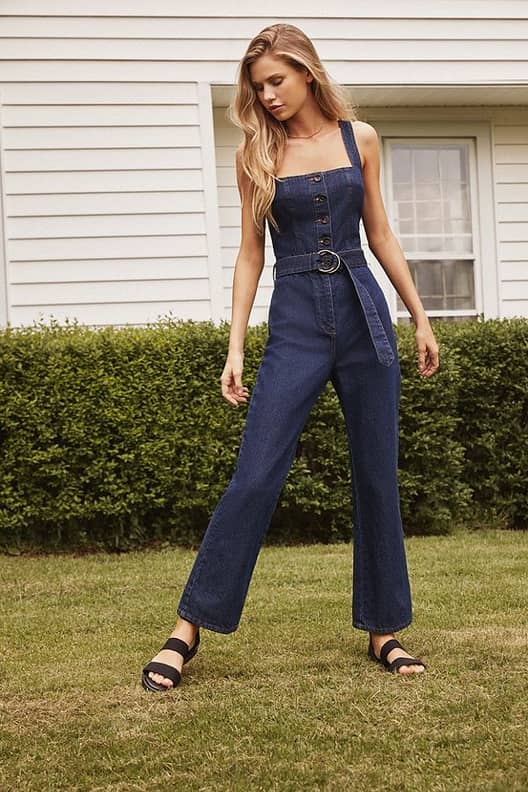 Uo eleanor plunging denim jumpsuit new arrivals