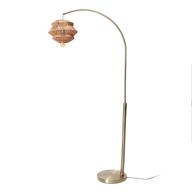 Drew Barrymore Flower Home Antique Brass Arch Floor Lamp with Tiered Rattan Shade