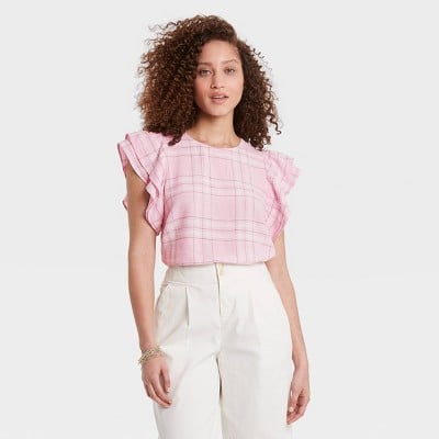 A New Day Women's Ruffle Short Sleeve Linen Top