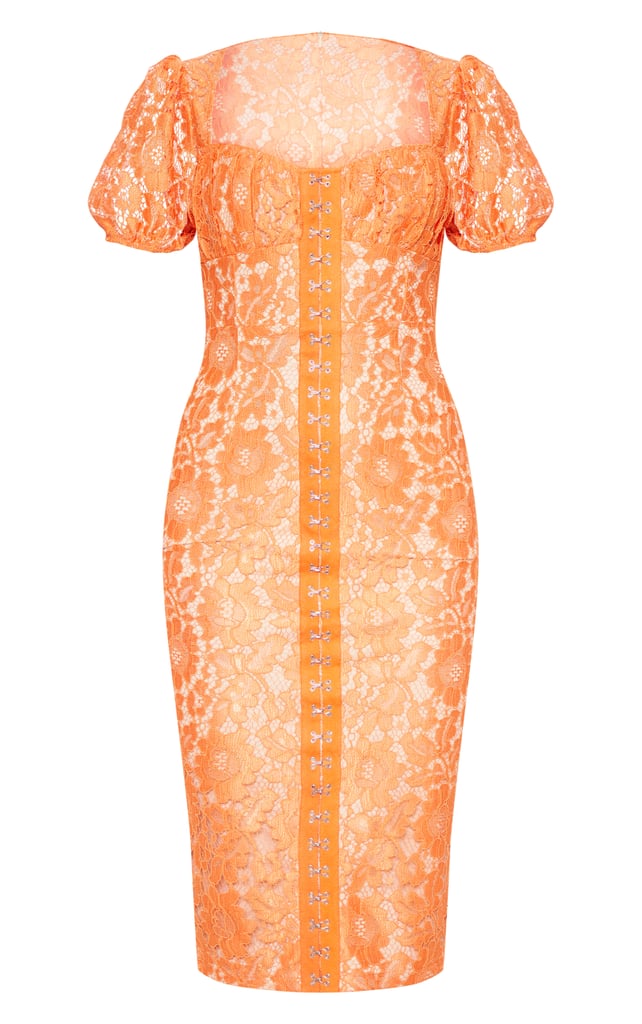 Orange Lace Puff Sleeve Midi Dress
