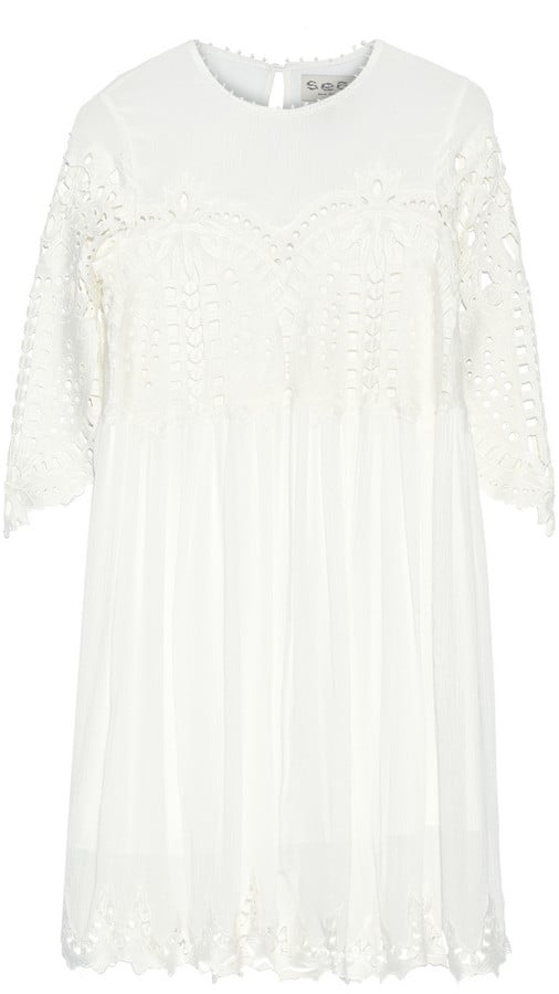 Sea Trellis Guipure Lace-Paneled Crinkled-Gauze Dress ($395)