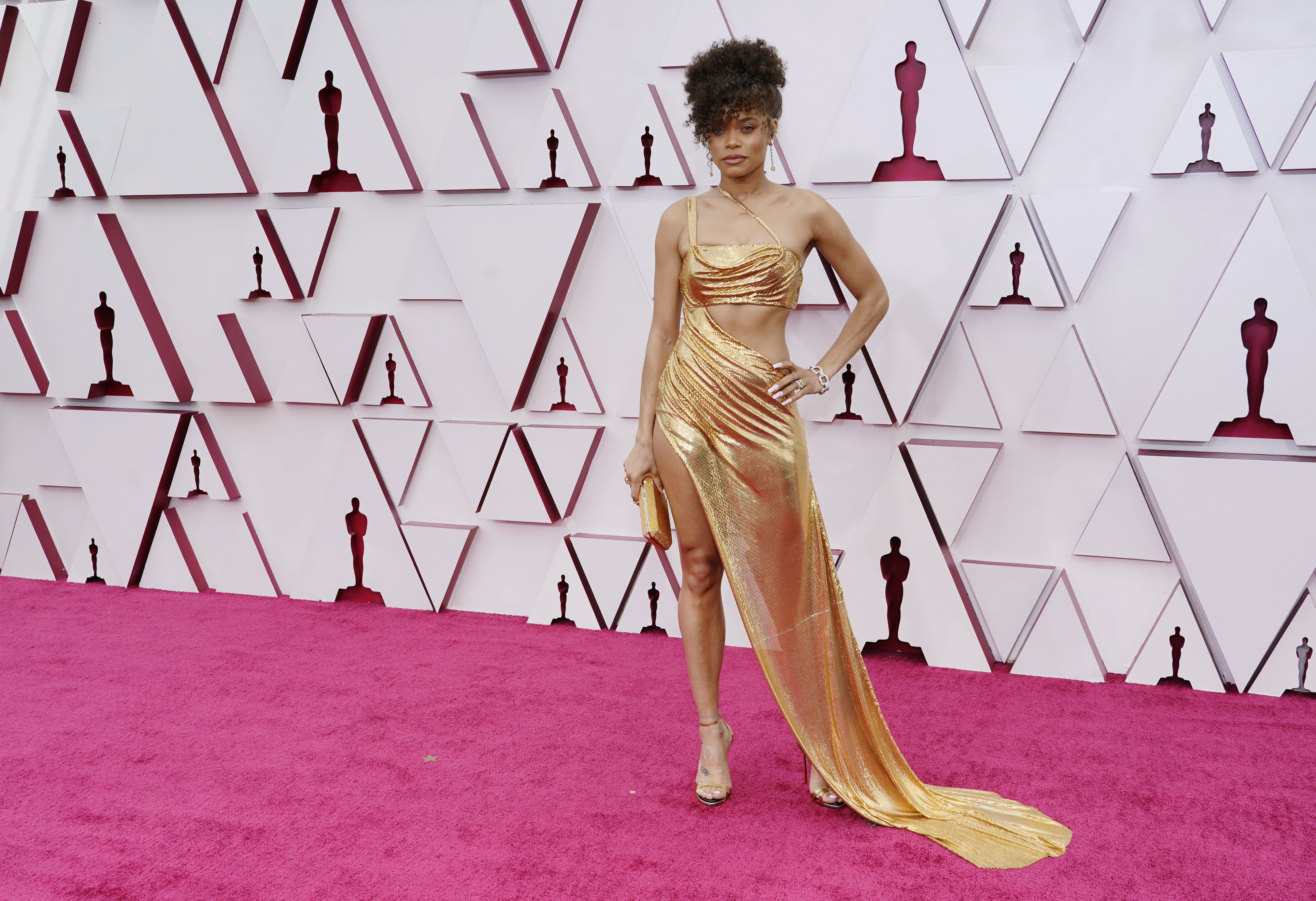 Gold dress shop with red heels