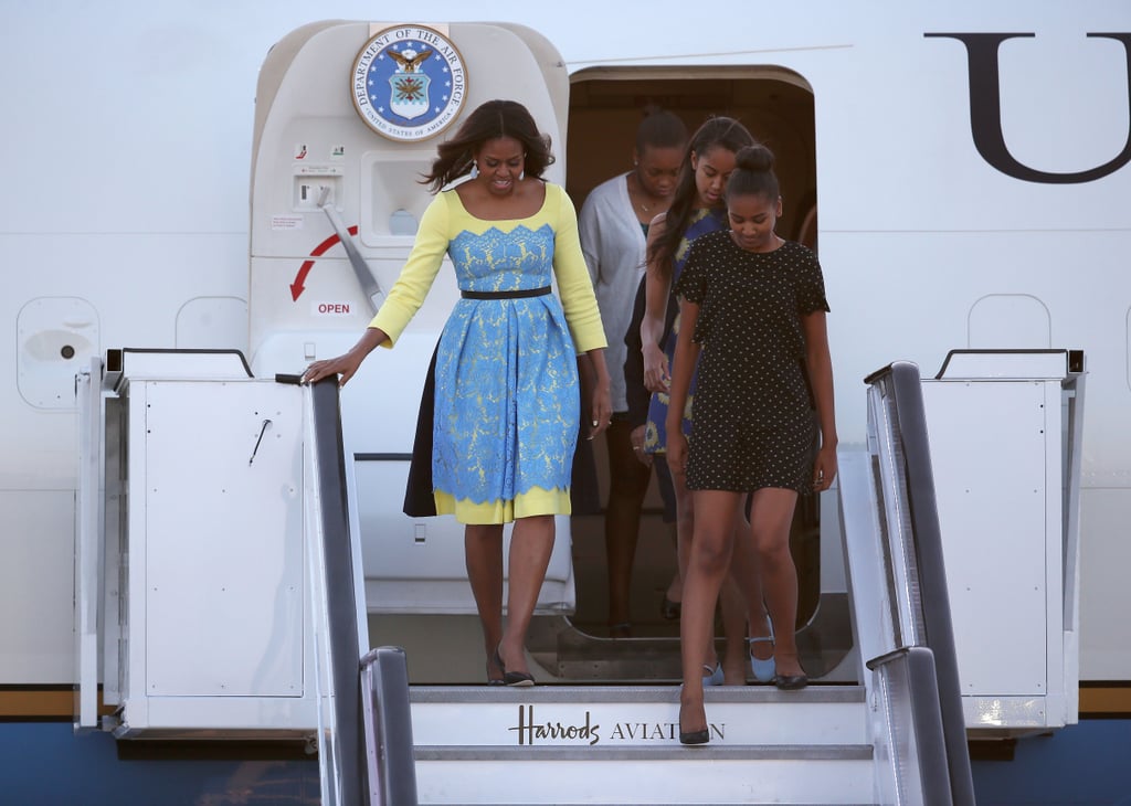 Michelle Obama Wearing Blue and Yellow Lace Dress
