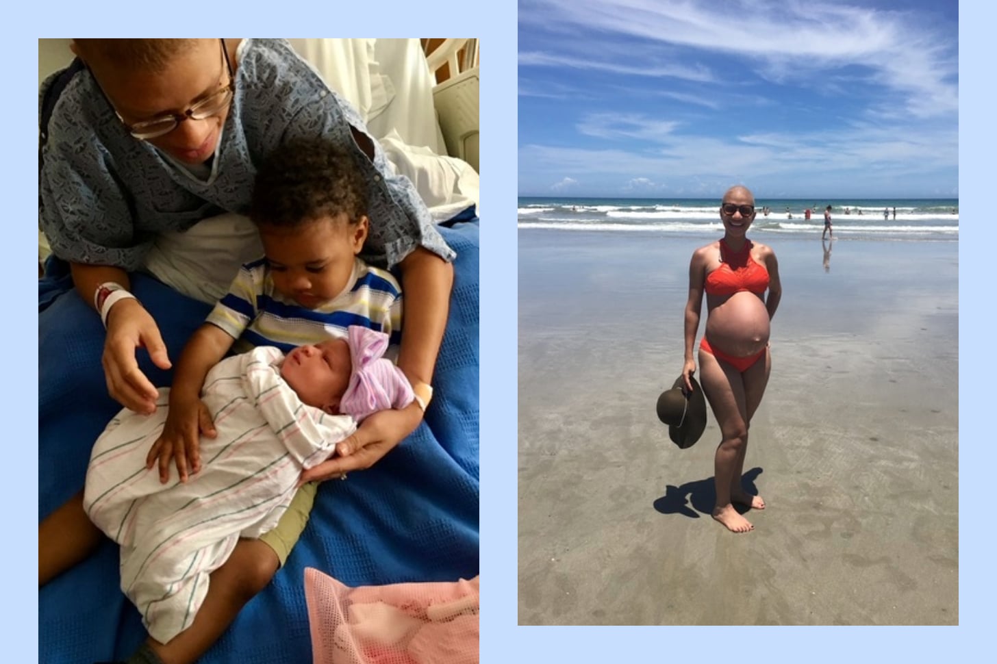 Lanear Snell holding her two kids and another image of her on the beach while pregnant.