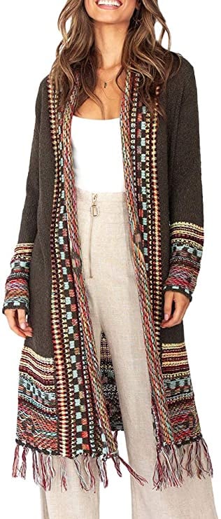 Ferbia Women's Boho Tassel-Fringe Cardigan Sweater Coat