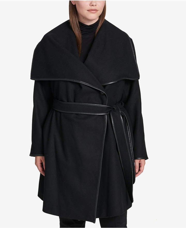 DKNY Plus Size Faux-Leather-Trim Belted Wrap Coat