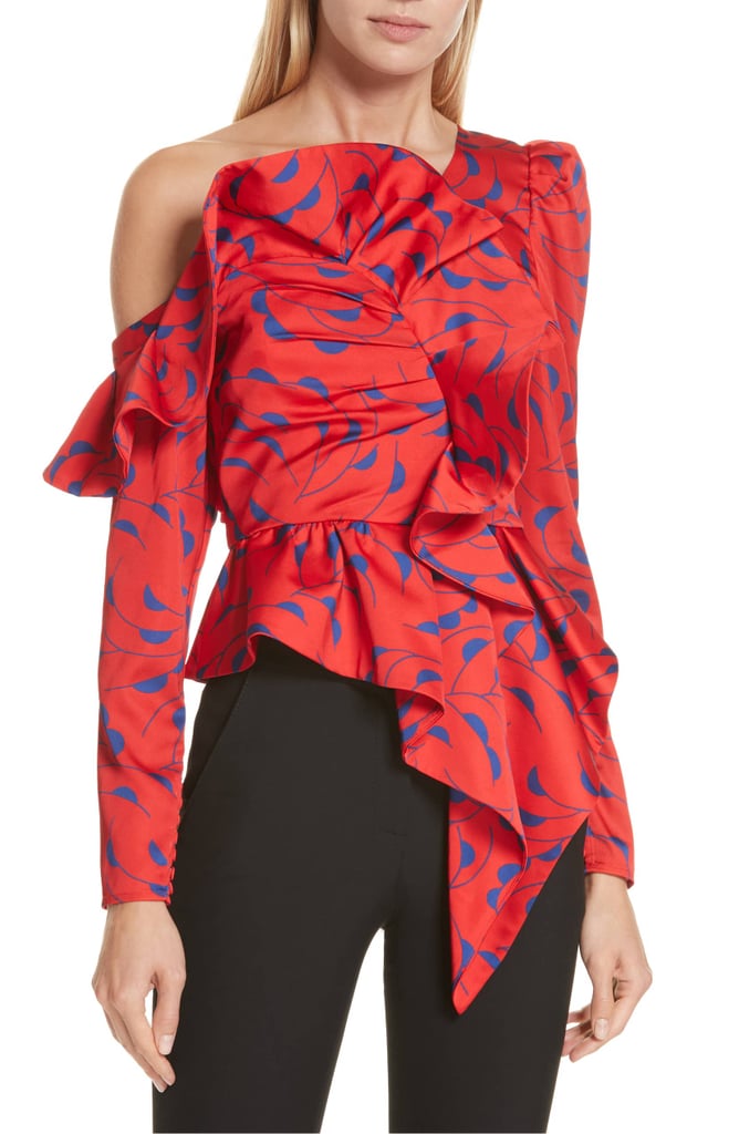 Self-Portrait Azalea Print Ruffle Detail One-Shoulder Top