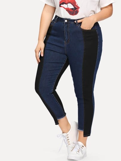 Shein Plus Two Tone Stepped Hem Jeans