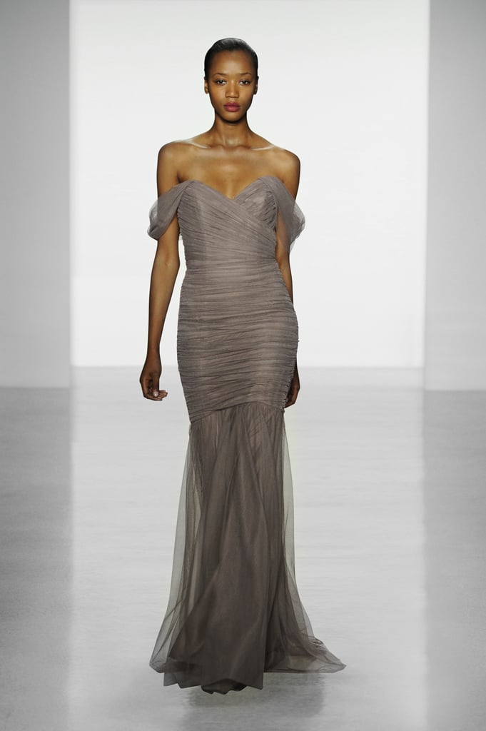 Amsale tulle off-the-shoulder long bridesmaid dress in mocha
Photo courtesy of Amsale