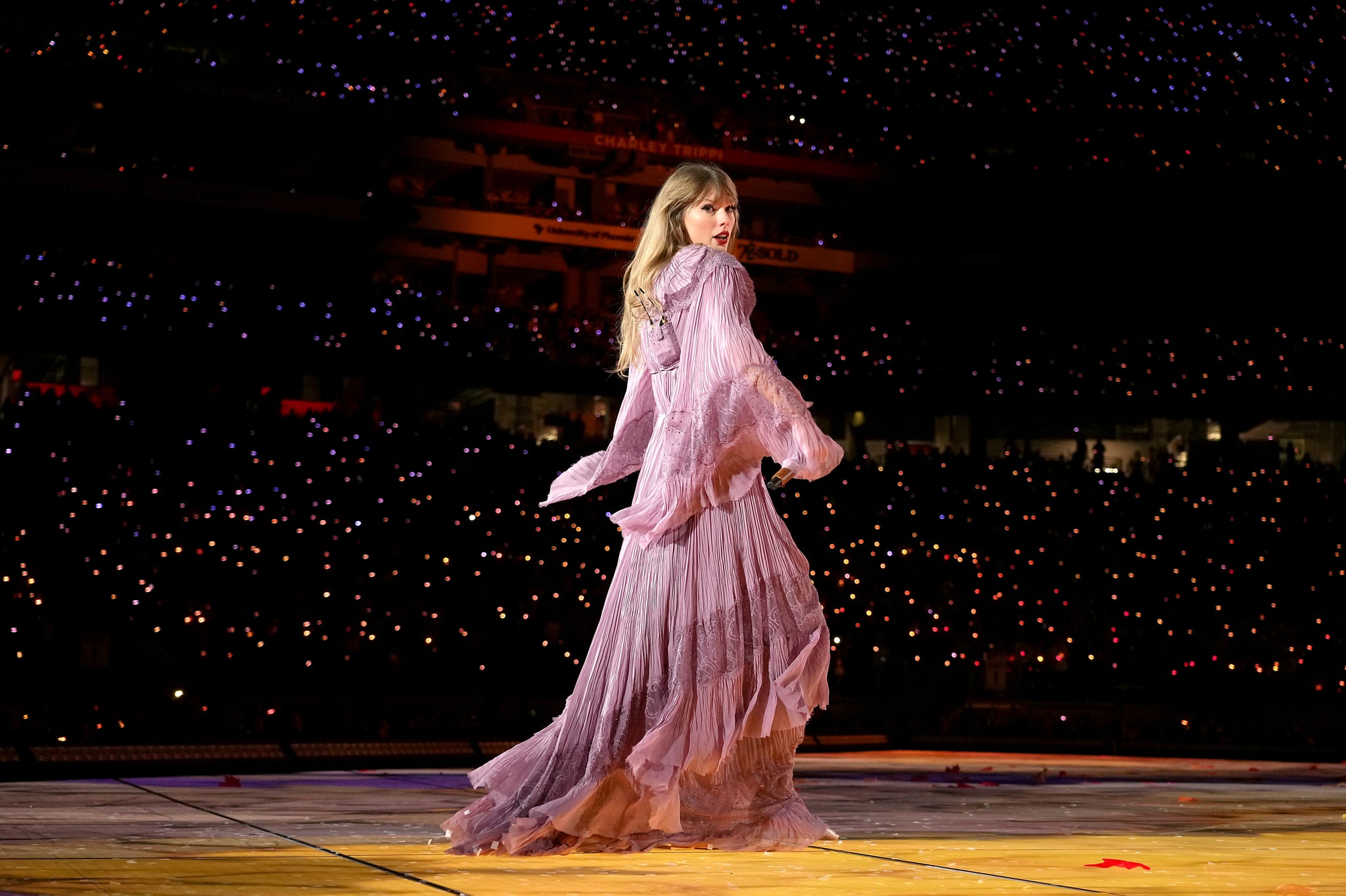 GLENDALE, ARIZONA - MARCH 17: Editorial use only and no commercial use at any time.  No use on publication covers is permitted after August 9, 2023. Taylor Swift performs onstage for the opening night of 