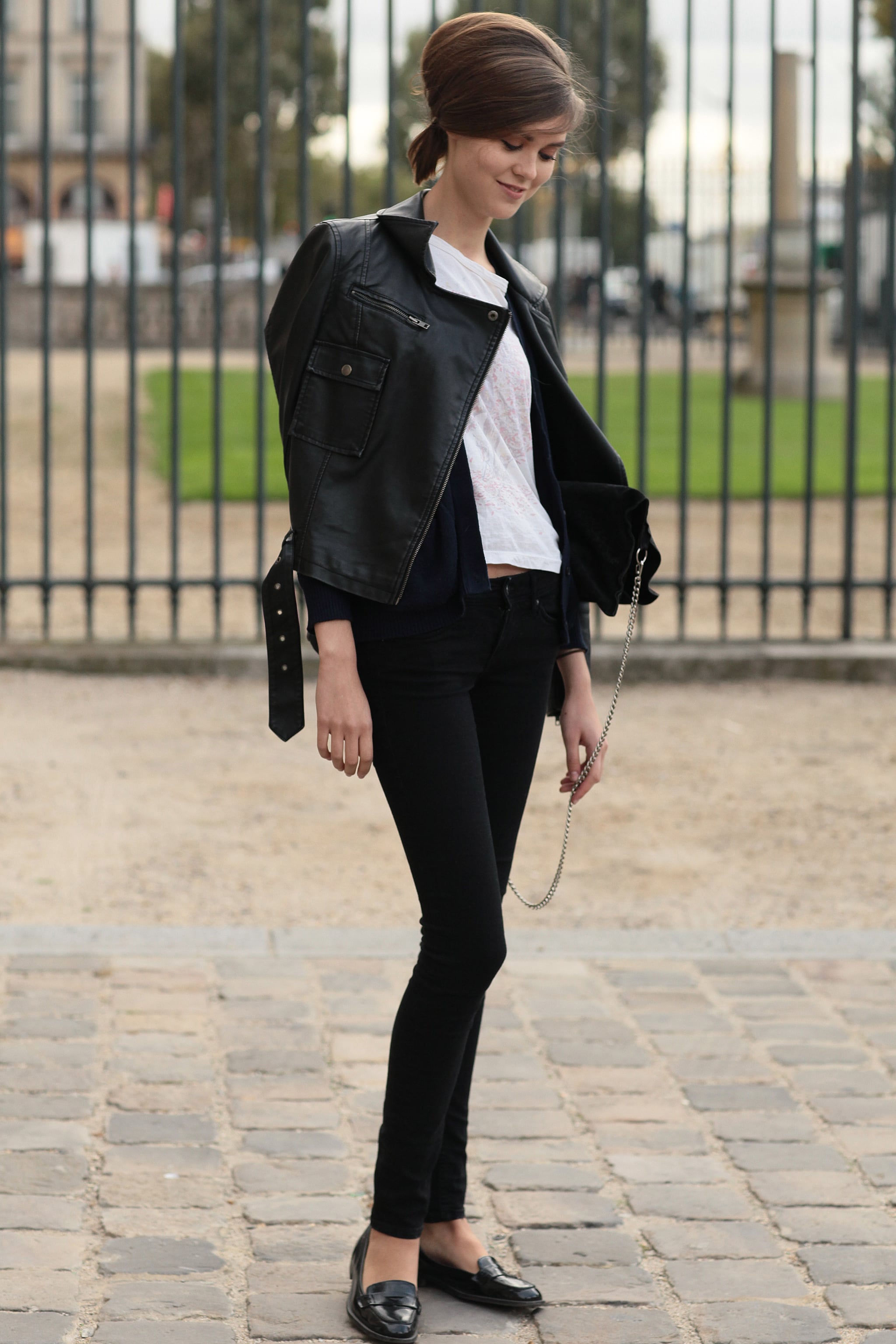 loafers and a slick leather jacket 