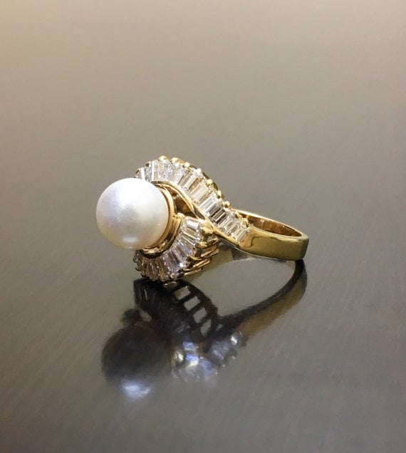 装饰艺术珍珠钻石订婚戒指
