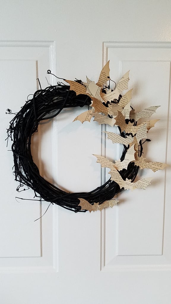 Antique Book Page Bat Dried Branch Halloween Wreath