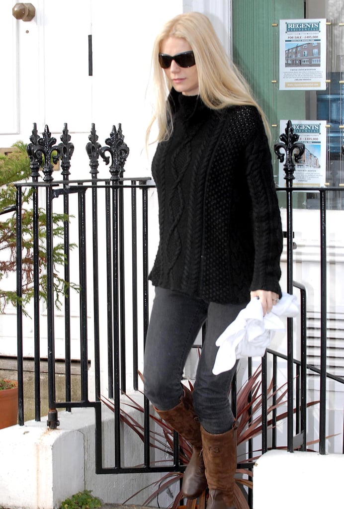Gwyneth Paltrow Wearing a Black Cable-Knit Sweater