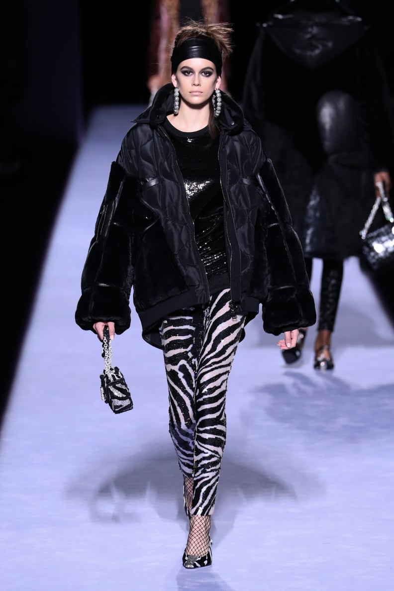 For Her Second Look, She Wore Zebra Pants, a Black Puffer Coat, and Oversize Hoop Earrings