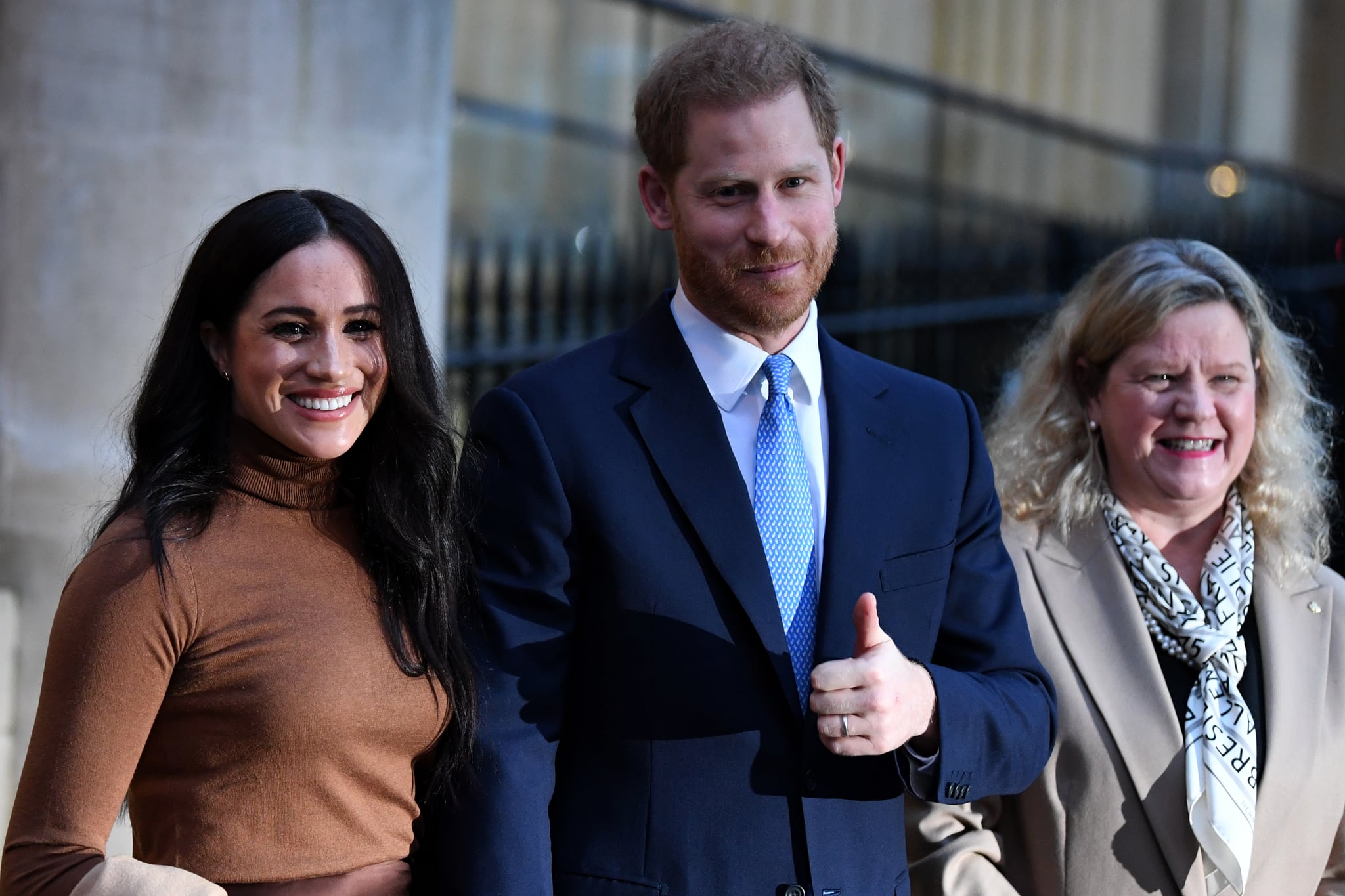 LONDON, UNITED KINGDOM - JANUARY 07: Prince Harry, Duke of Sussex and Meghan, Duchess of Sussex stand with the High Commissioner for Canada in the United Kingdom, Janice Charette (R) as they leave after their visit to Canada House in thanks for the warm Canadian hospitality and support they received during their recent stay in Canada, on January 7, 2020 in London, England. (Photo by DANIEL LEAL-OLIVAS  - WPA Pool/Getty Images)