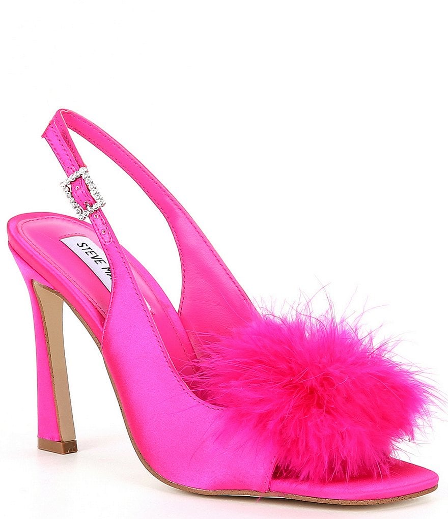 Steve Madden Narella Satin Feather Pom-Pom Slingback Dress Sandals in Pink Satin
