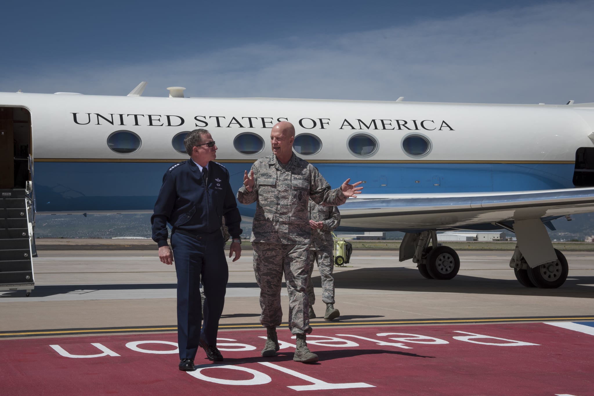 US Air Force Chief of Staff Gen David Goldfein walking with Air Force Space Command commander Gen Jay Raymond, Peterson Air Force Base, Colorado, May 22, 2018. Image courtesy Senior Airman Dennis Hoffman / U.S. Northern Command. (Photo by Smith Collection/Gado/Getty Images)