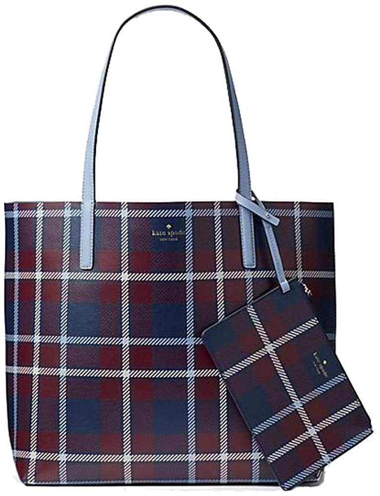 Plaid pattern tote with dog charm - light blue – Pink Vanilla