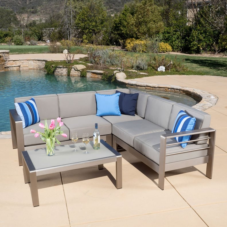 San Lucas Aluminum Sofa Set With Khaki Cushions & Glass Table