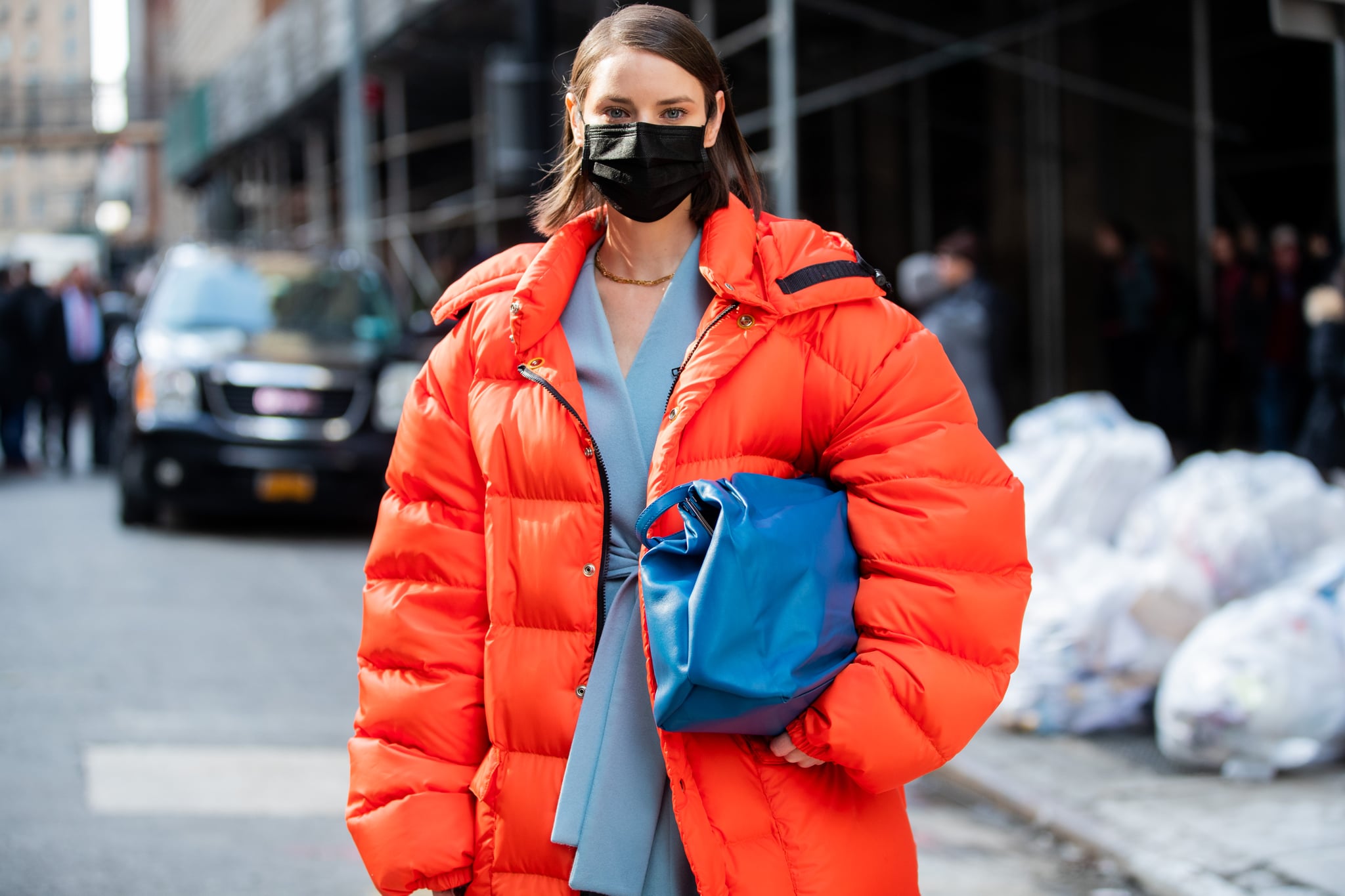NEW YORK, NEW YORK - FEBRUARY 12: Marina Ingvarsson is seen wearing face mask outside Michael Kors during New York Fashion Week Fall / Winter 2020 on February 12, 2020 in New York City. (Photo by Christian Vierig/Getty Images)
