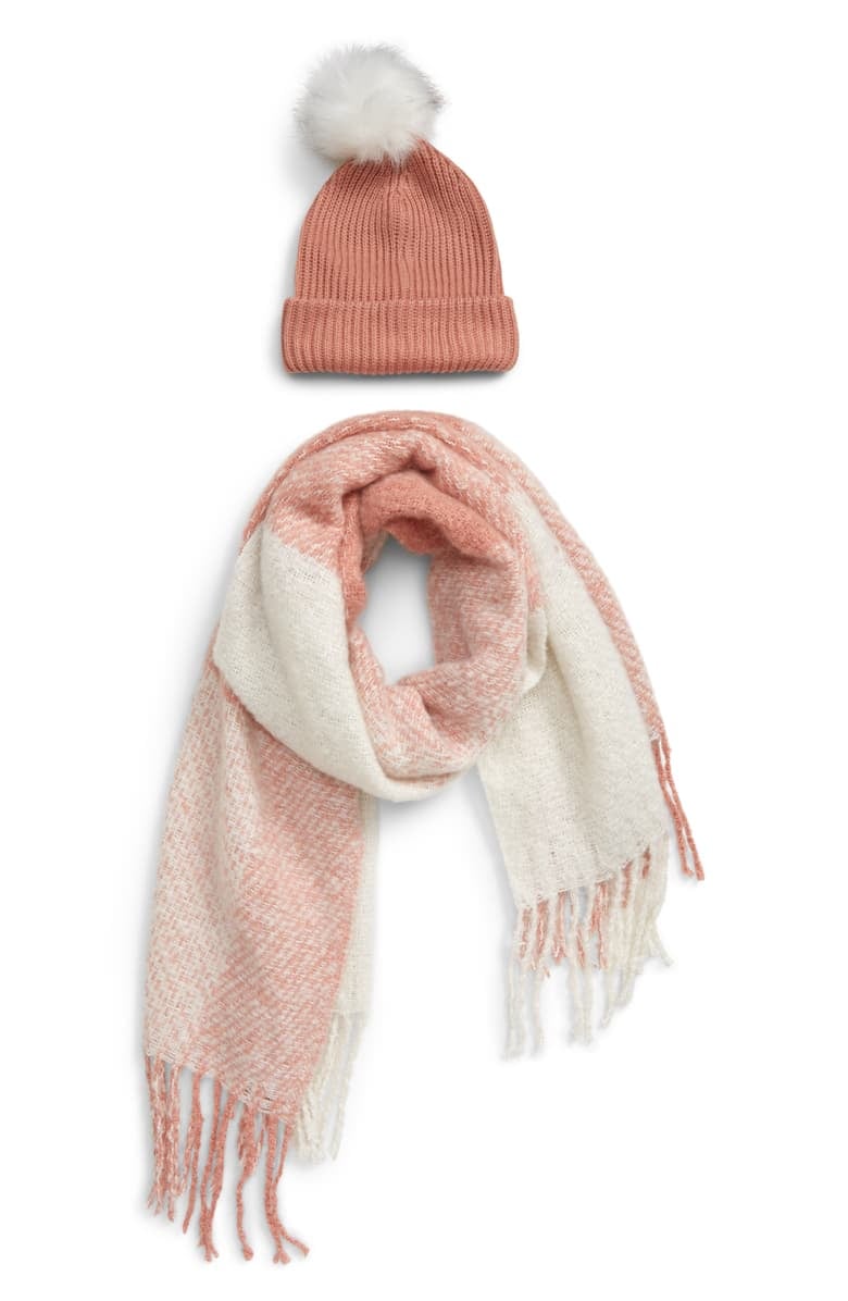 BP. Faux Fur Pom Beanie & Plaid Scarf Set