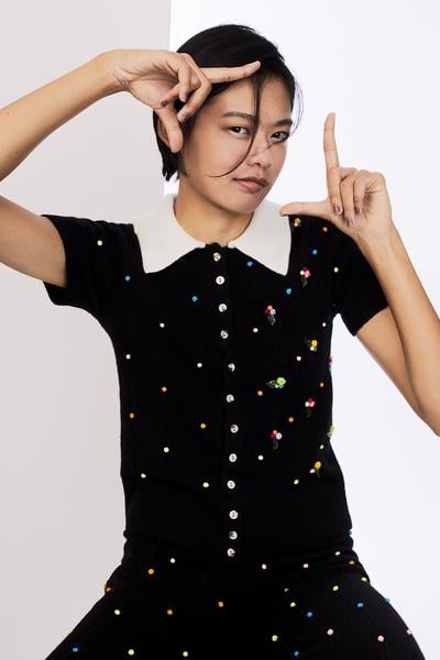 Rosebud Short Sleeve Cardigan in Black Lambswool