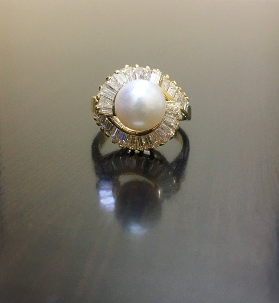 Art Deco Pearl Diamond Engagement Ring