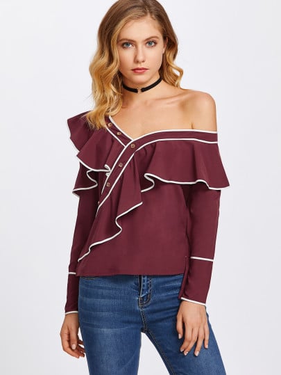 SheIn Contrast Trim Asymmetric Cold-Shoulder Exaggerated Frill Blouse ...