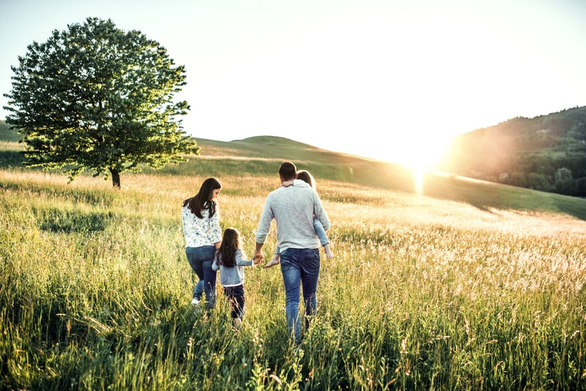 A young father and mother with their daughters on a walk on a meadow.