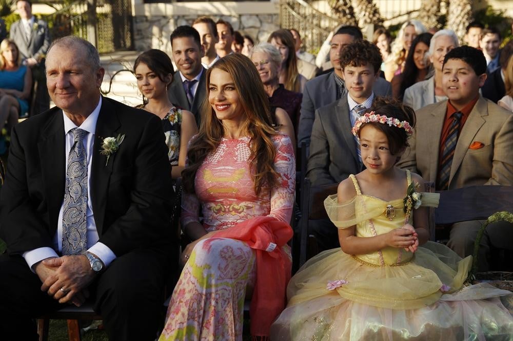 Jay (Ed O'Neill), Gloria (Sofia Vergara), and Lily (Aubrey Anderson-Emmons) on Modern Family.