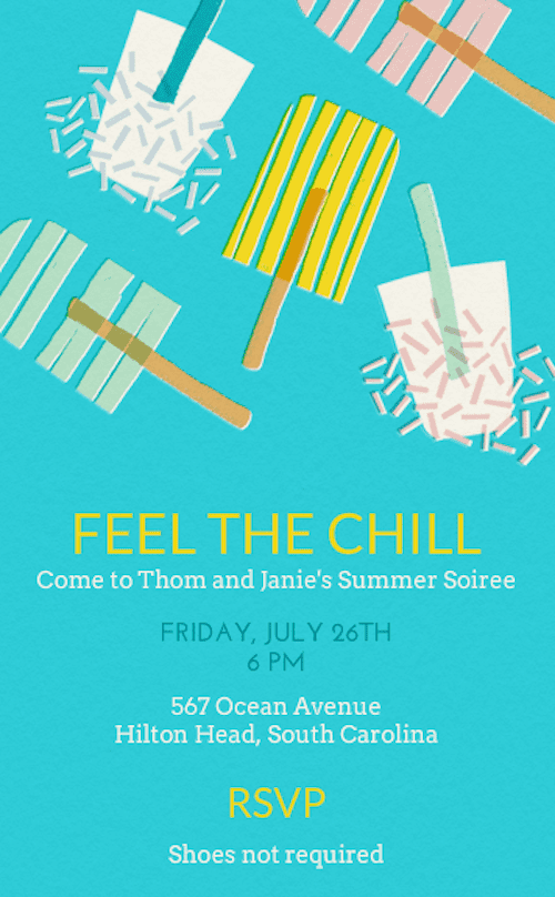 For a card that's way cooler than the heat of the grill, opt for this Popsicle print invite (price upon request) that your guests will adore. For a card that's way cooler than the heat of the grill, opt for this Popsicle print invite (price upon request) that your guests will adore.