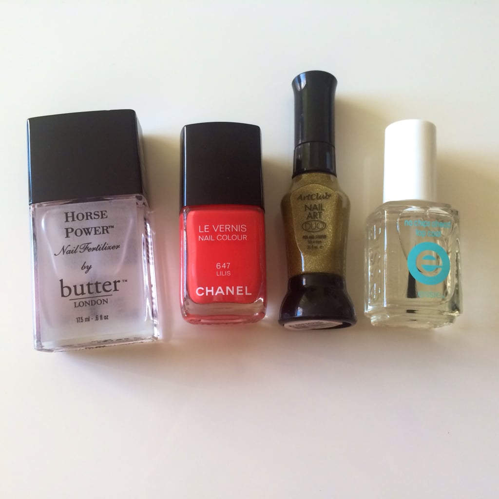 For Spring, I was inspired to forgo the traditional red and try a bright coral, Chanel Le Vernis Nail Colour in Lilis ($27). I used Butter London Horse Power ($19) as a base coat, Art Club Gold Glitter Duo Pen ($4) to create the gold accent, and Essie No Chips Ahead ($9) to seal in my look.