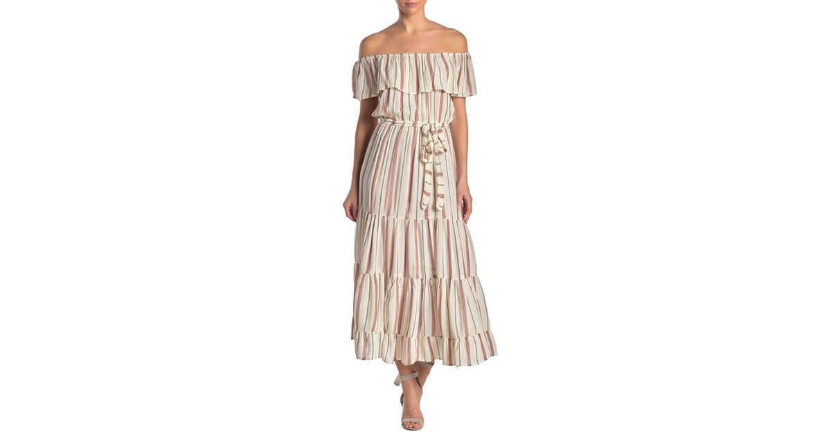 Nostalgia Apparel Off-the-Shoulder Ruffle Stripe Maxi Dress | Katy