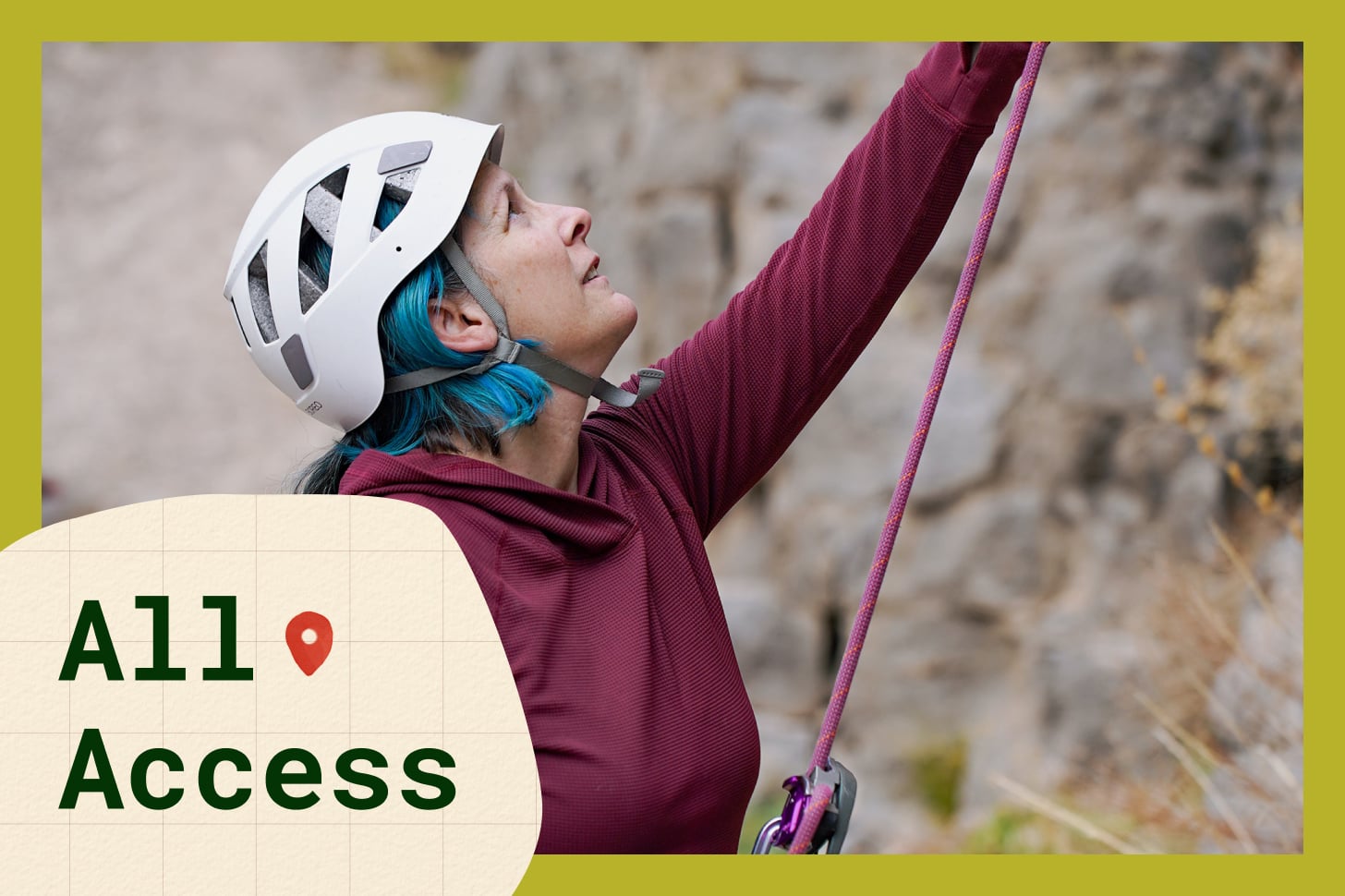 Deaf rock climber Sonya Wilson wearing a white helmet, a red long-sleeve shirt, and a pink belay getting ready to climb. Deaf rock climber Sonya Wilson wearing a white helmet, a red long-sleeve shirt, and a pink belay getting ready to climb.
